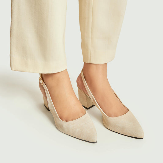 Pointed Block Heel - Beige