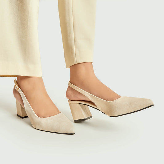 Pointed Block Heel - Beige